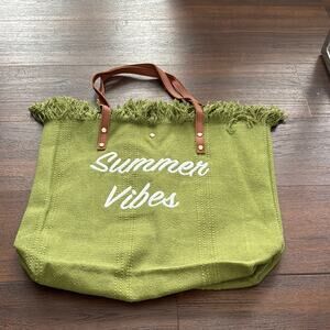 Green Fringed Tote Bag with Brown Handles